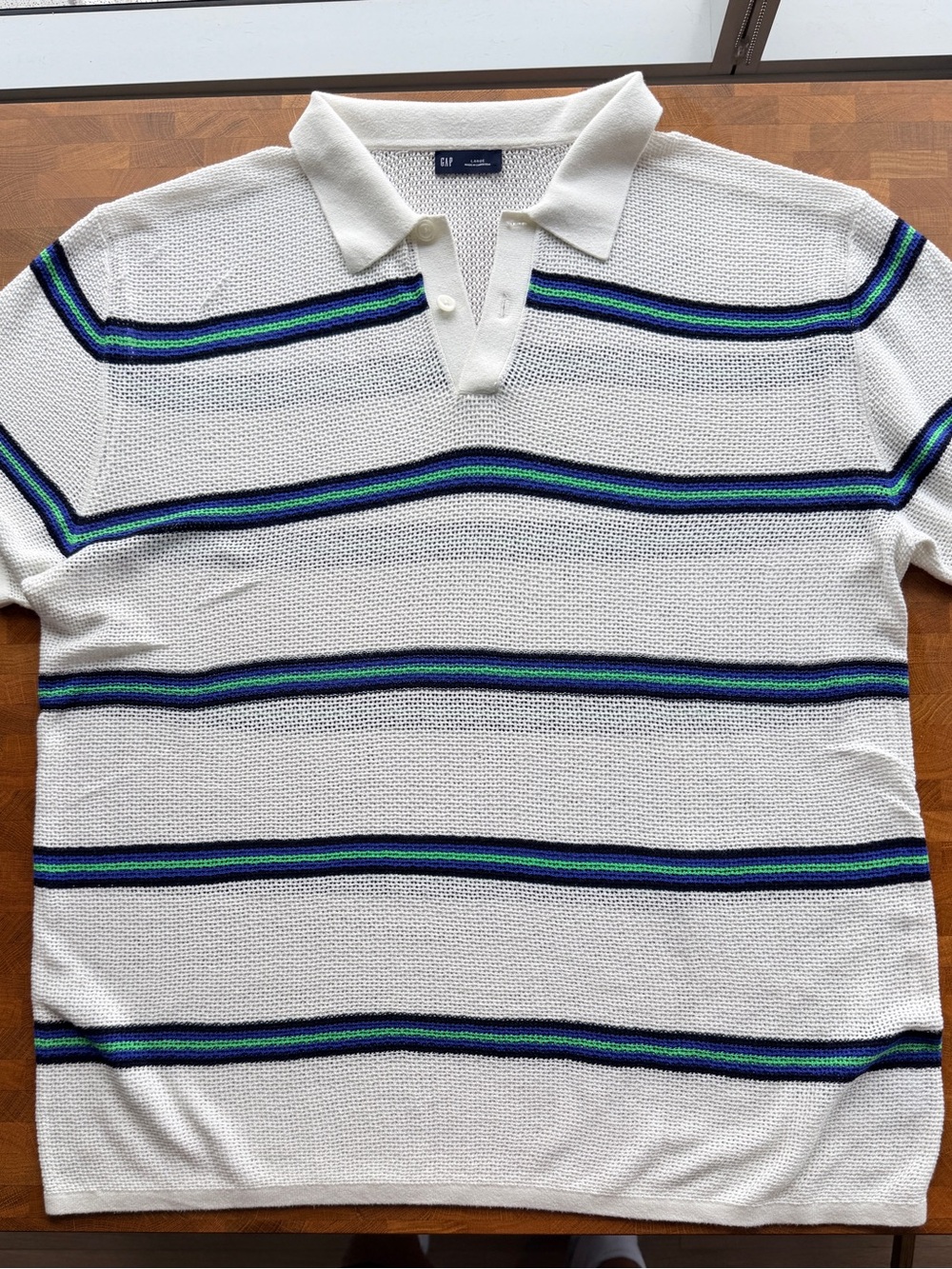 GAP Men's Cream Knit Polo Sweater with Navy & Green Stripes